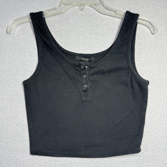 Forever 21 Tops - Forever 21 Tank Top Womens Medium Black Henley Ribbed Cropped Knit Sleeveless